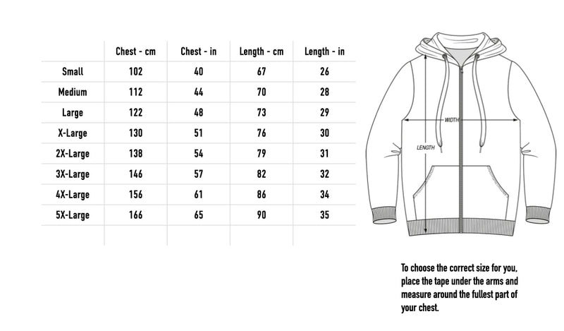 Size chart for Flamin' Skull Zip Hood - Black